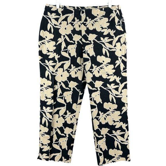 Liz Claiborne Women's Floral Black Tan Cropped Pants Size 14 Zip Side Mid Rise - Picture 1 of 12